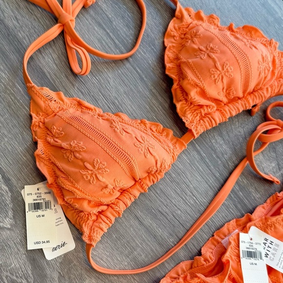 Aerie Tangerine Orange Bikini Perky Triangle Top Ruched Cheeky Bottom Sz M NWT - Picture 3 of 8